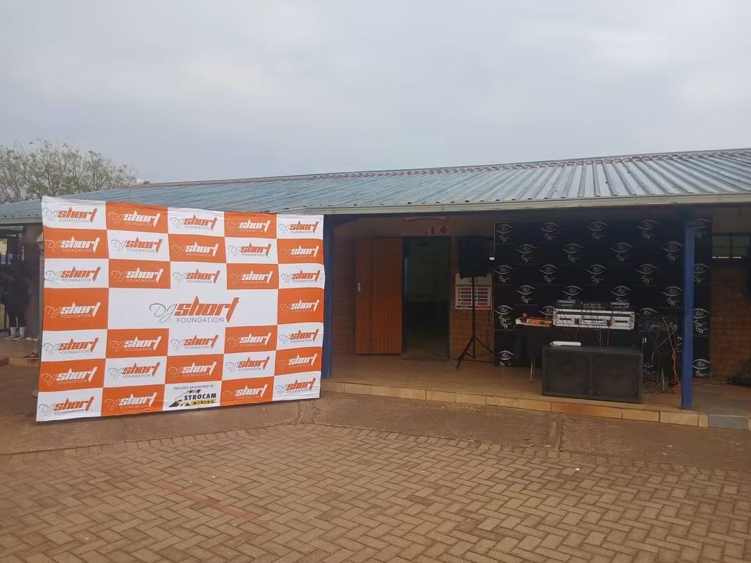 DJ Short Foundation sound system and event backdrop at Boiteko Special School